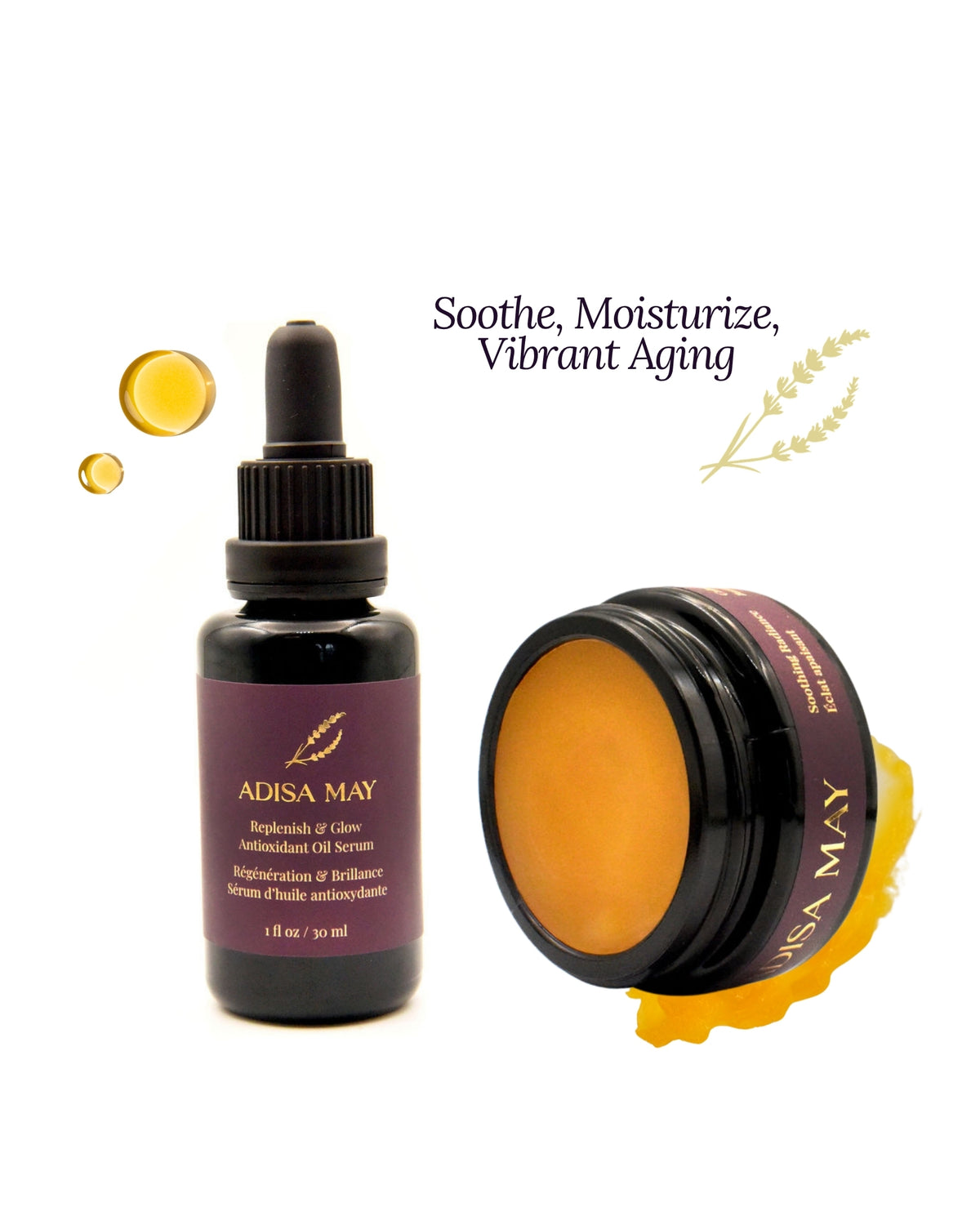 Skincare set with Replenish & Glow Antioxidant Oil Serum and Soothing Radiance Calming Moisture Balm on a white background.