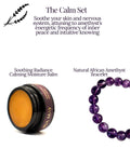 A promotional graphic for 'The Calm Set' featuring two products: 'Soothing Radiance Calming Moisture Balm' in a black jar with amber-yellow balm, and a 'Natural African Amethyst Bracelet' made of purple amethyst beads. The background is white with black text and a small lavender sprig illustration.