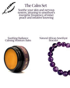 A promotional graphic for 'The Calm Set' featuring two products: 'Soothing Radiance Calming Moisture Balm' in a black jar with amber-yellow balm, and a 'Natural African Amethyst Bracelet' made of purple amethyst beads. The background is white with black text and a small lavender sprig illustration.