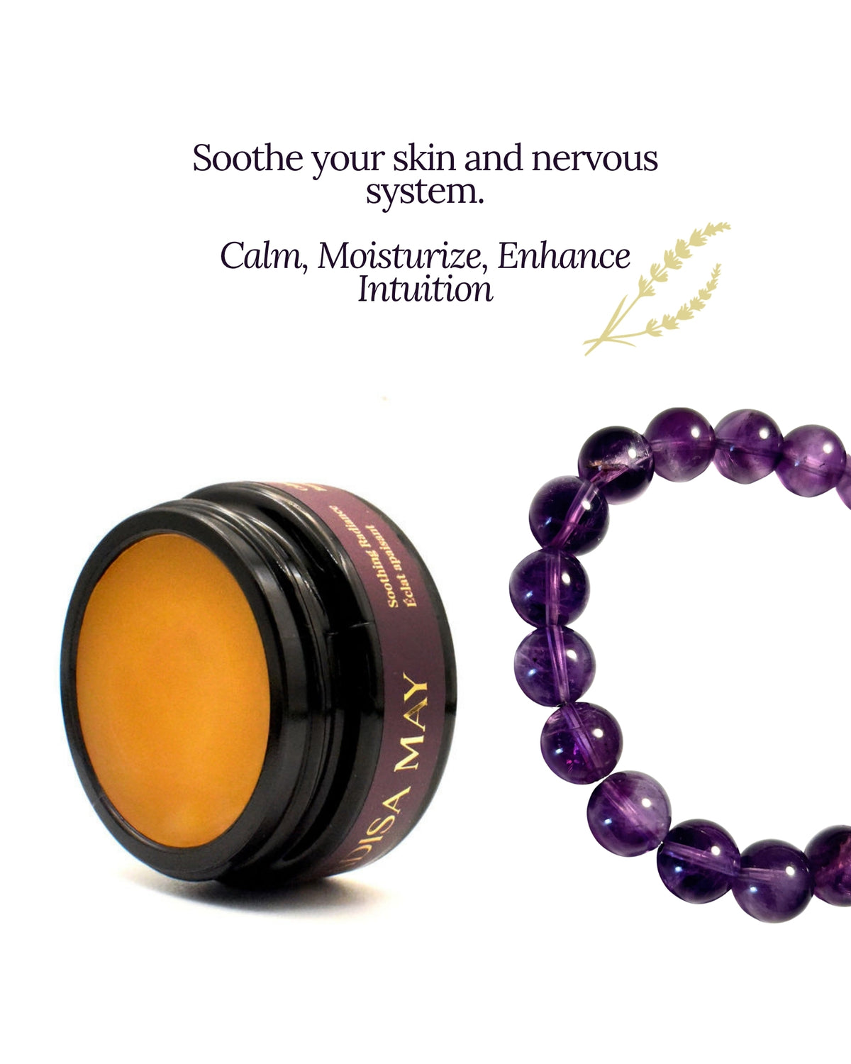 A promotional graphic for 'The Calm Set' featuring two products: 'Soothing Radiance Calming Moisture Balm' in a black jar with amber-yellow balm, and a 'Natural African Amethyst Bracelet' made of purple amethyst beads. The background is white with black text and a small lavender sprig illustration.