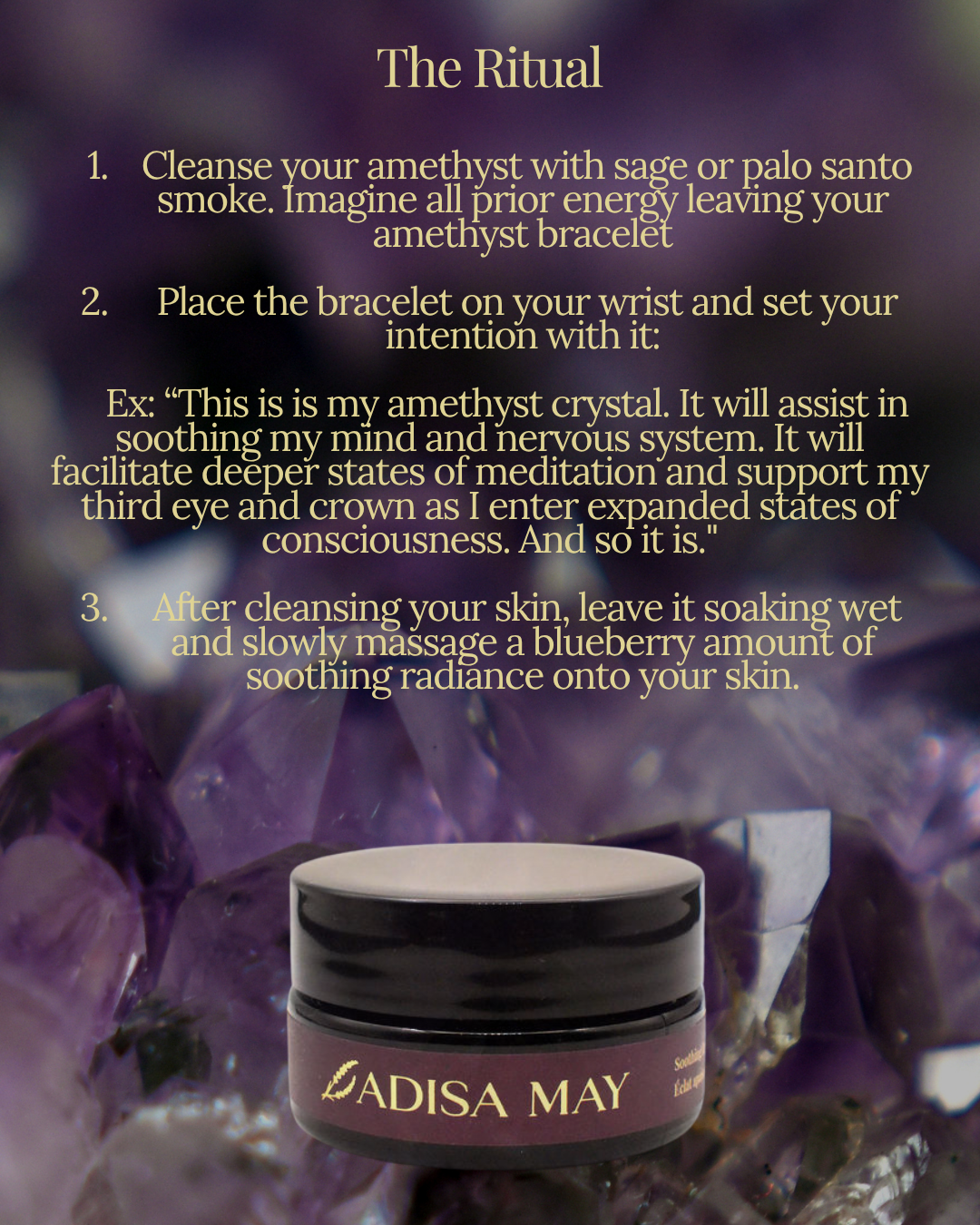 Jar of Adisa May cream with amethyst crystals and text on a dark background