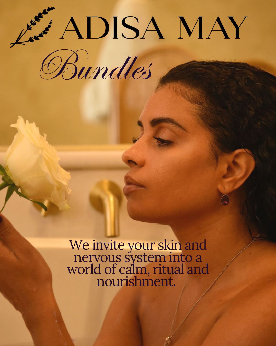 Woman holding and staring at a white rose flower in a bath tub with text overtop