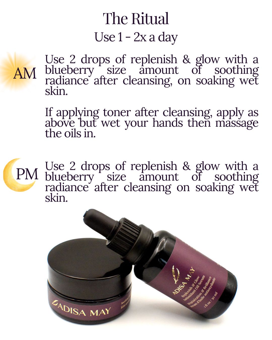Adisa May Skincare glow set usage instructions.