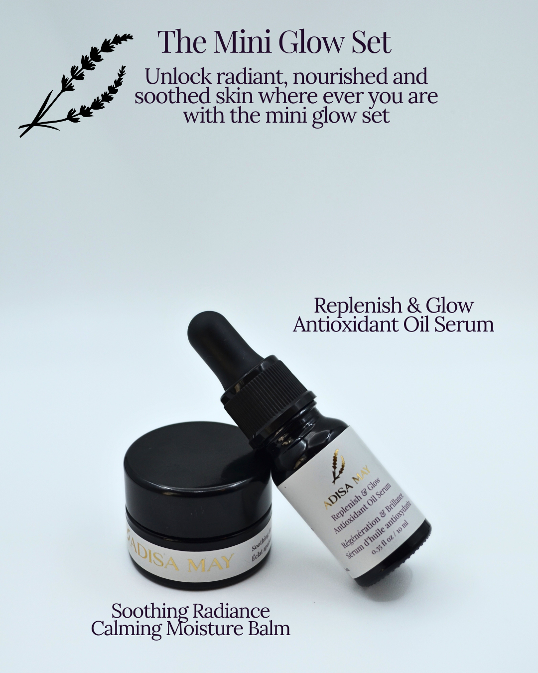 Two skincare products, a dropper bottle and a jar, on a light gray background with text about the 'Mini Glow Set'.