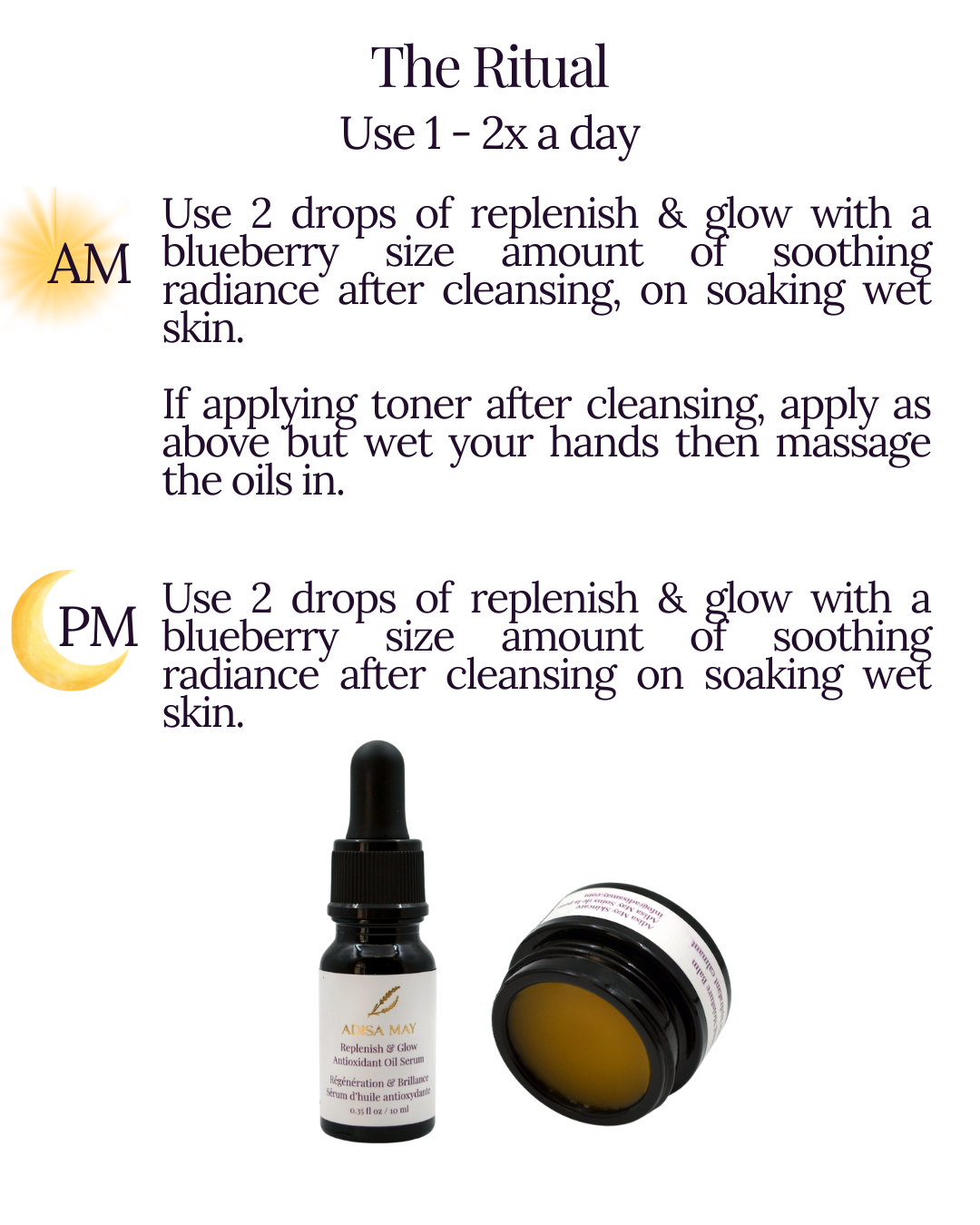 Skincare routine guide with bottle and jar on a white background